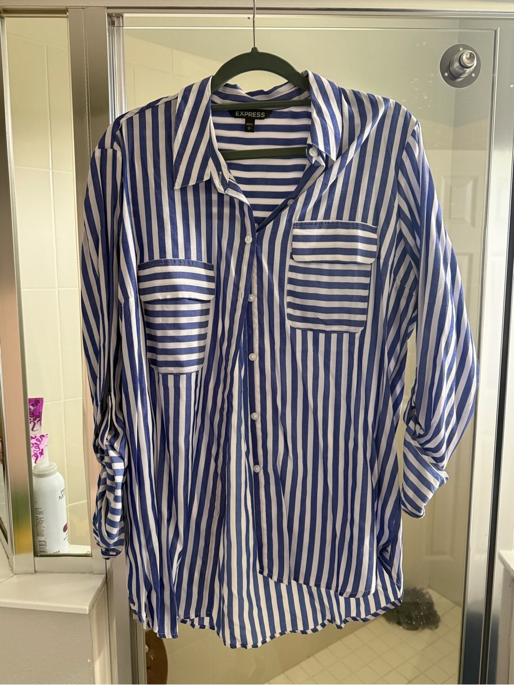 Express Blue and White Striped Collared Shirt